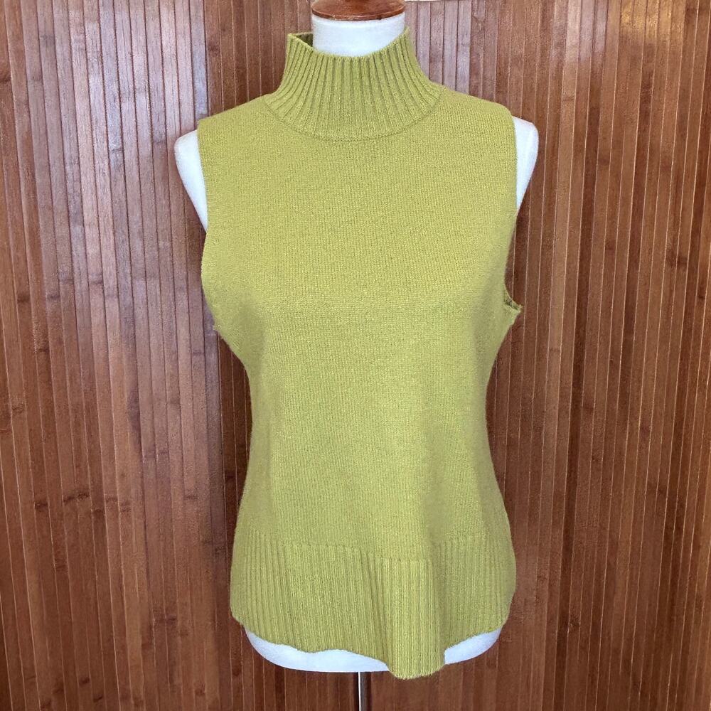 100% Cashmere Mock Turtleneck Sweater Vest Dana Buchman Chartreuse L